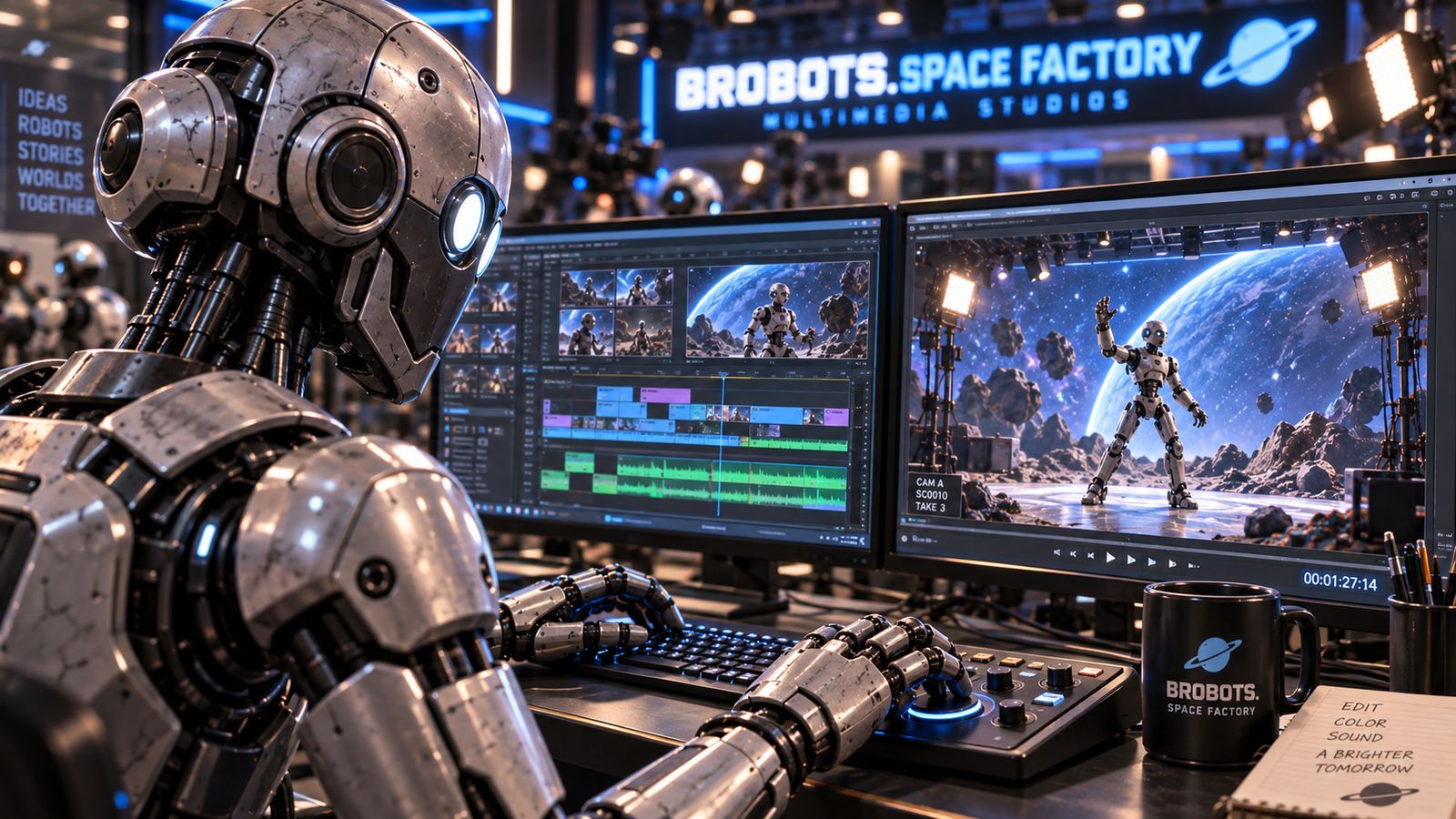 Robot editor at dual monitors with NLE timeline and lunar playback marked CAM A SC D010 TAKE 3