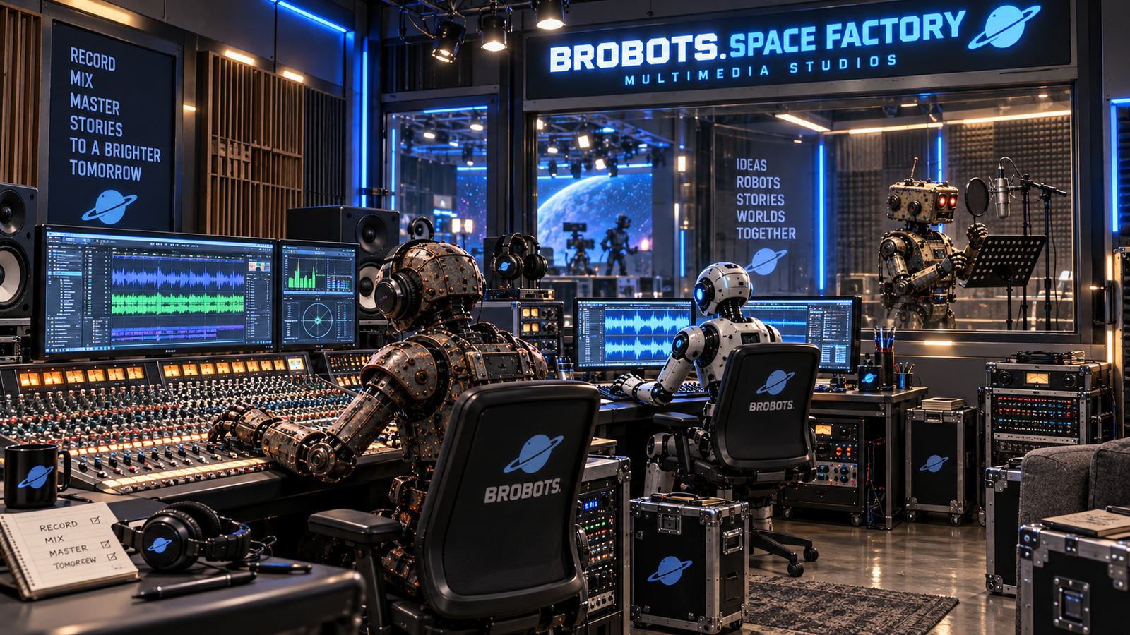Mix room with robots at console and booth; red-eye vocalist at the mic